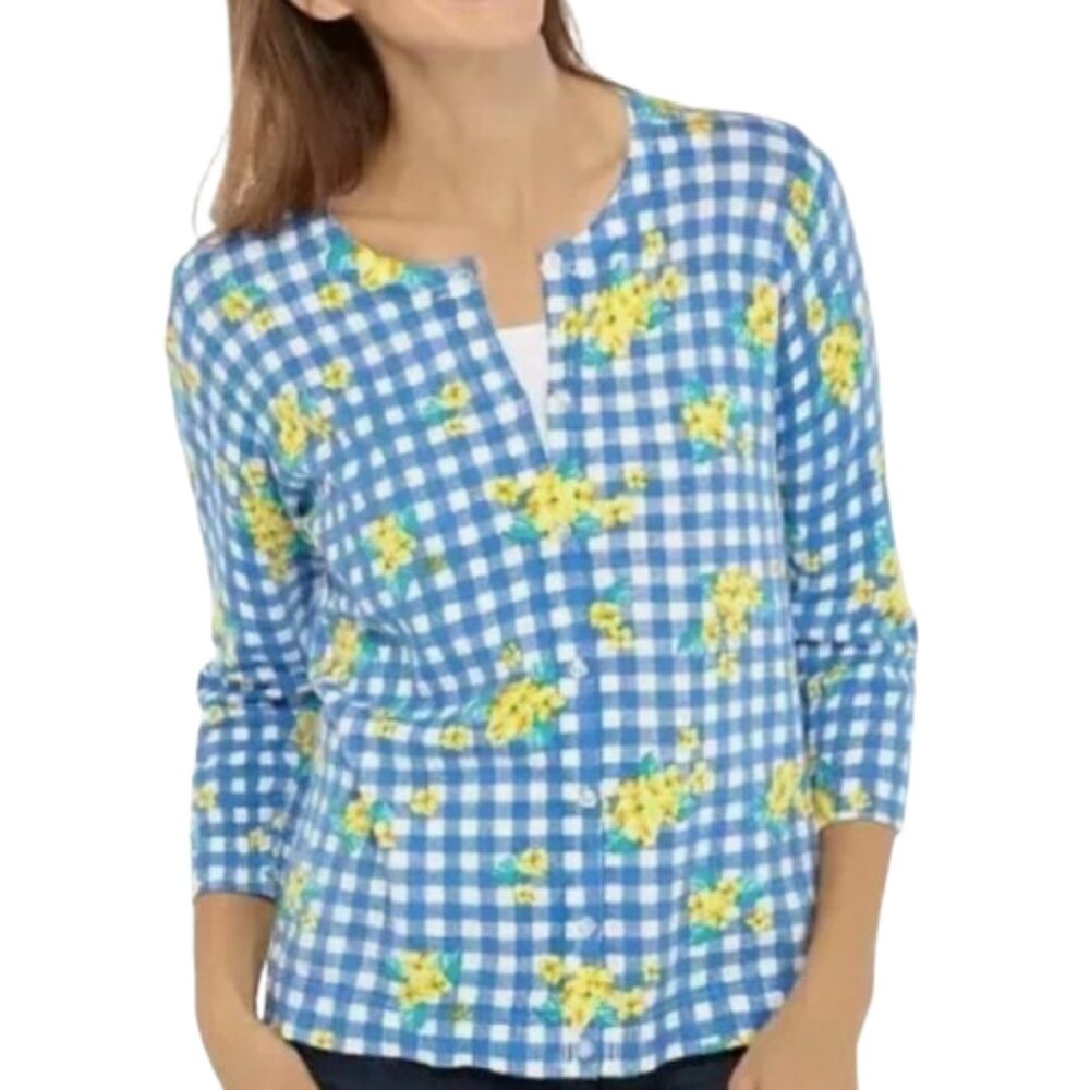 Kim Rogers Cardigan Sweater Blue Gingham Plaid Yellow Floral Print 3/4 Sleeve